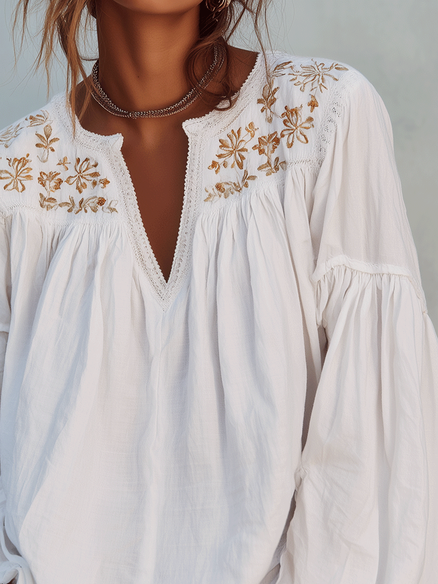 Boho White Embroidered Cotton Long Sleeve Blouse