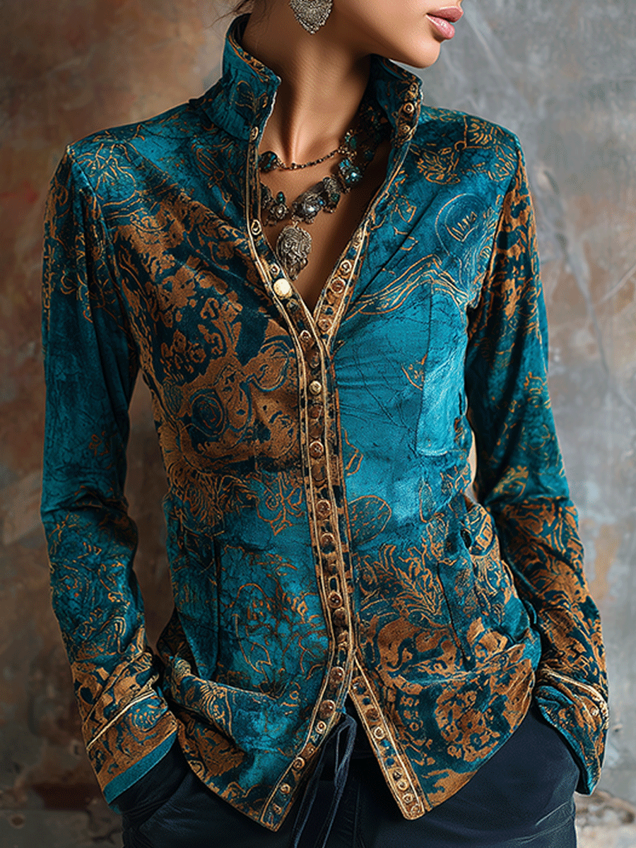 Boho Chic Vintage Peacock Blue Velvet Golden Print Fit Blouse