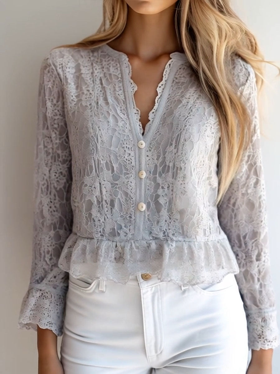 (sale)Stylish V-neck Button Down Long Sleeve Lace Shirt