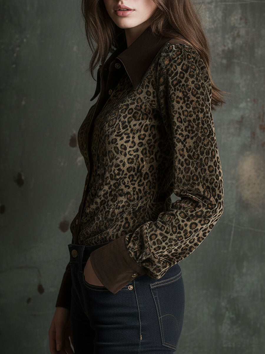 Retro Contrast Collar And Cuffs Velvet Leopard Print Blouse