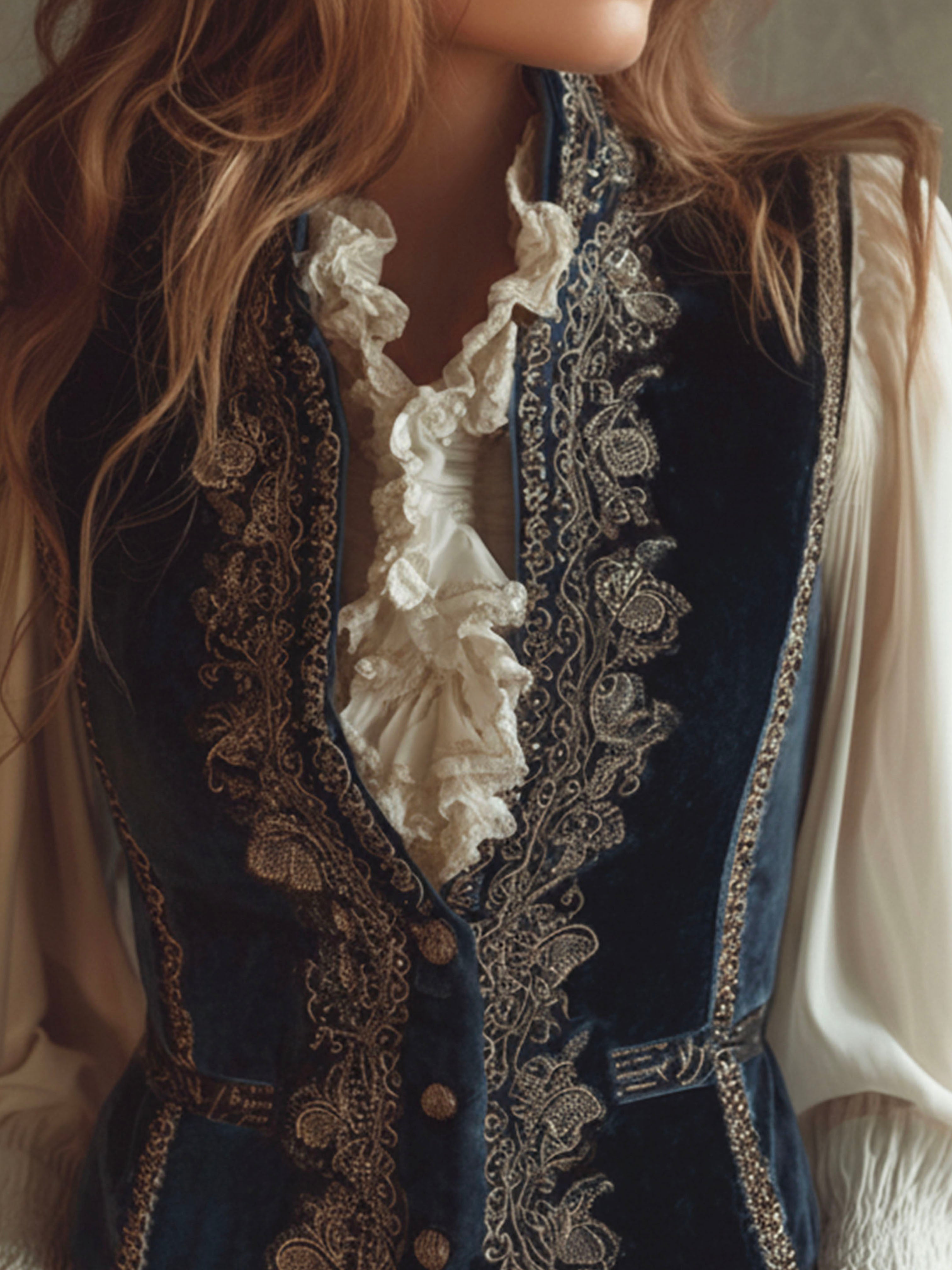 Vintage Baroque Navy Blue Velvet Embroidered Vest