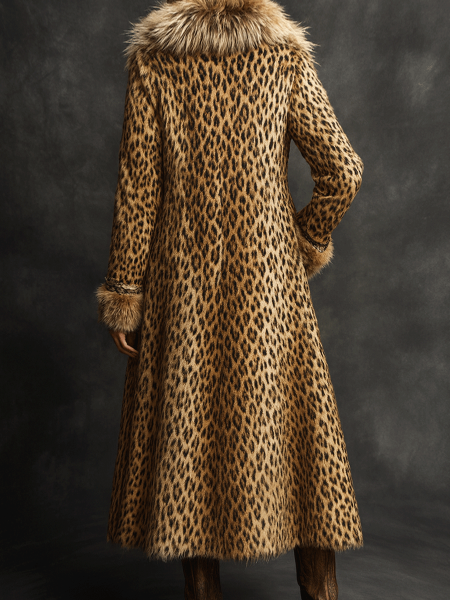 Vintage Boho Leopard  Faux Fur Longline Coat