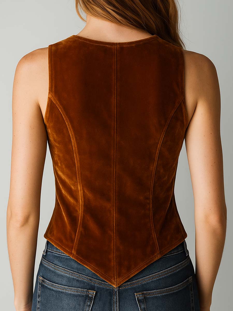Caramel Velvet Embroidered Lace Trim Vest
