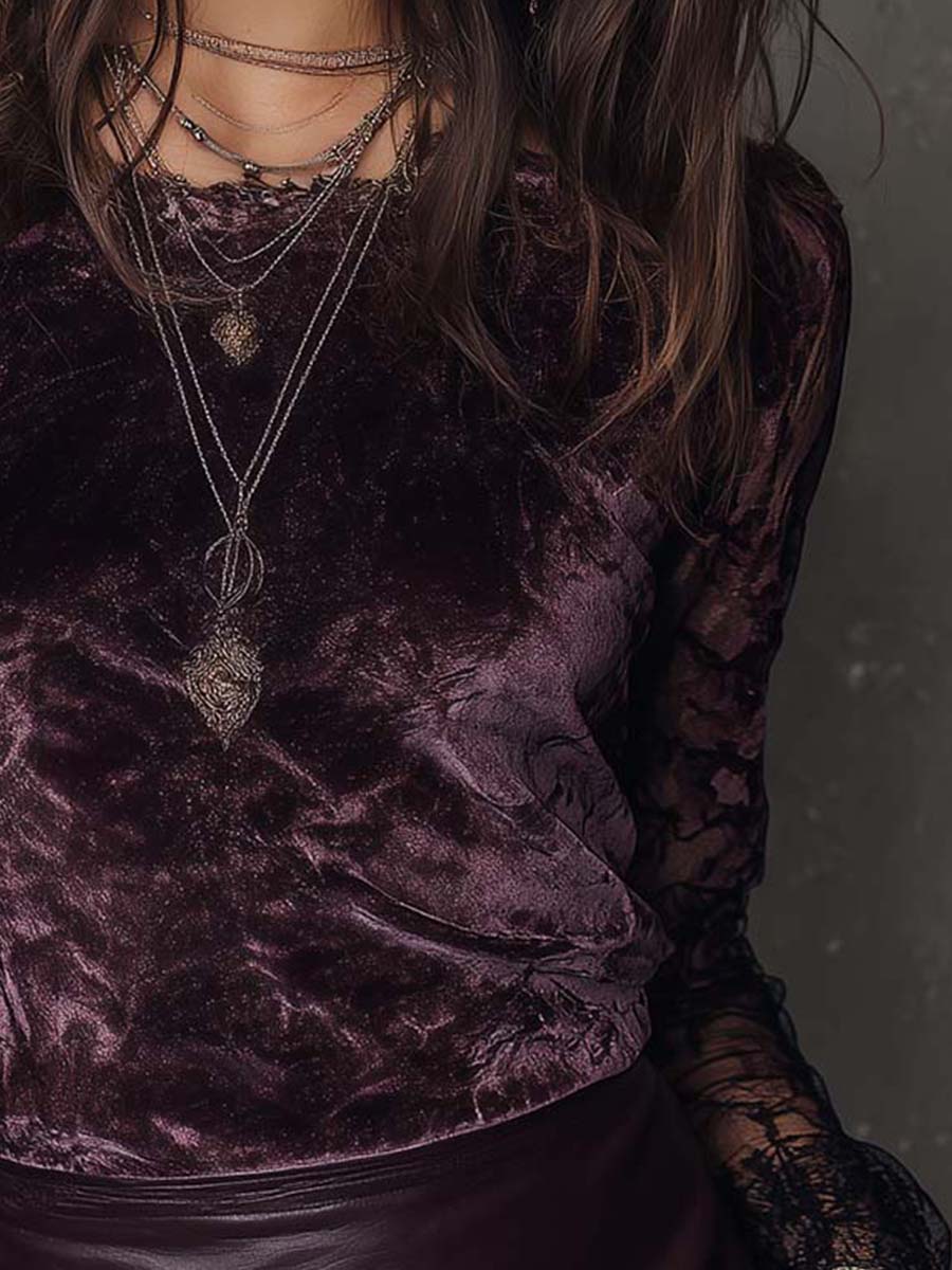 Velvet And Lace Gothic Sheer-Sleeve Top