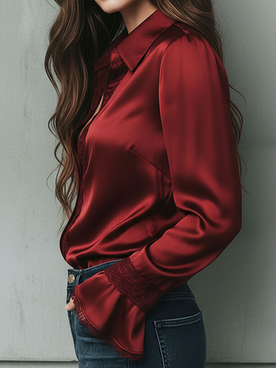 Elegant Burgundy Lace Trim Satin Blouse With Flared Cuffs