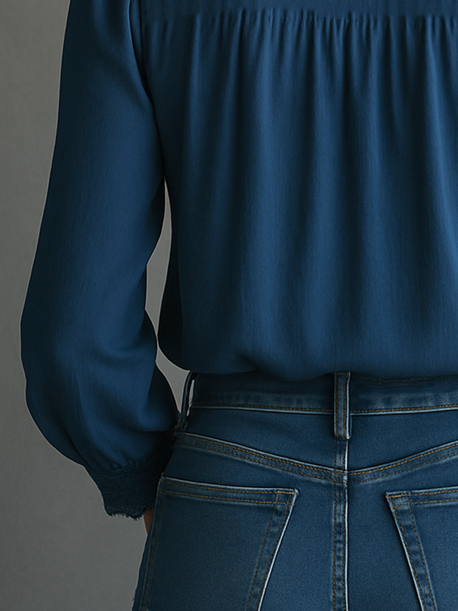 (sale)Regal Charm Embroidered Blue Lace Blouse