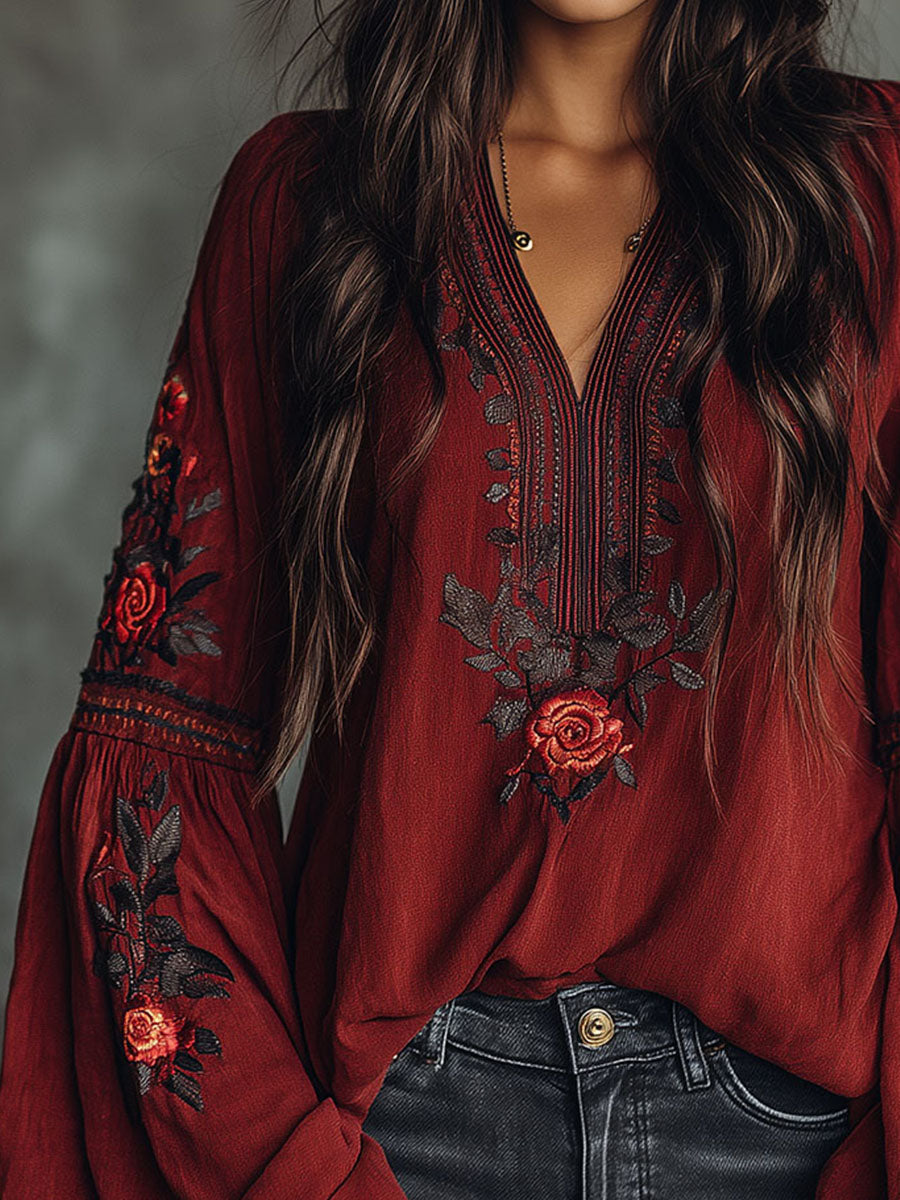 Vintage Red Embroidered Lantern Sleeve Boho Blouse