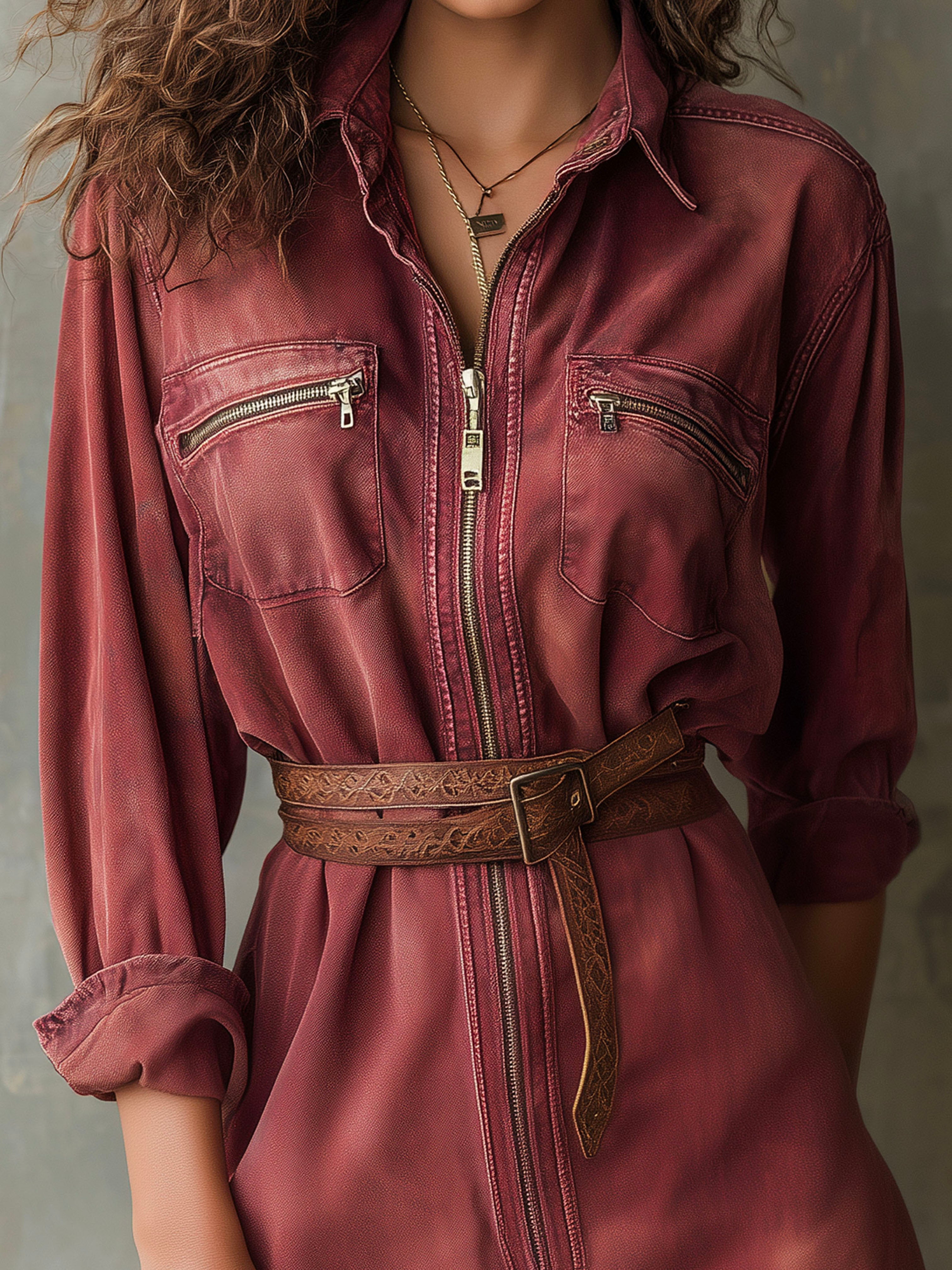 Vintage Burgundy Washed Denim Shirt Dress