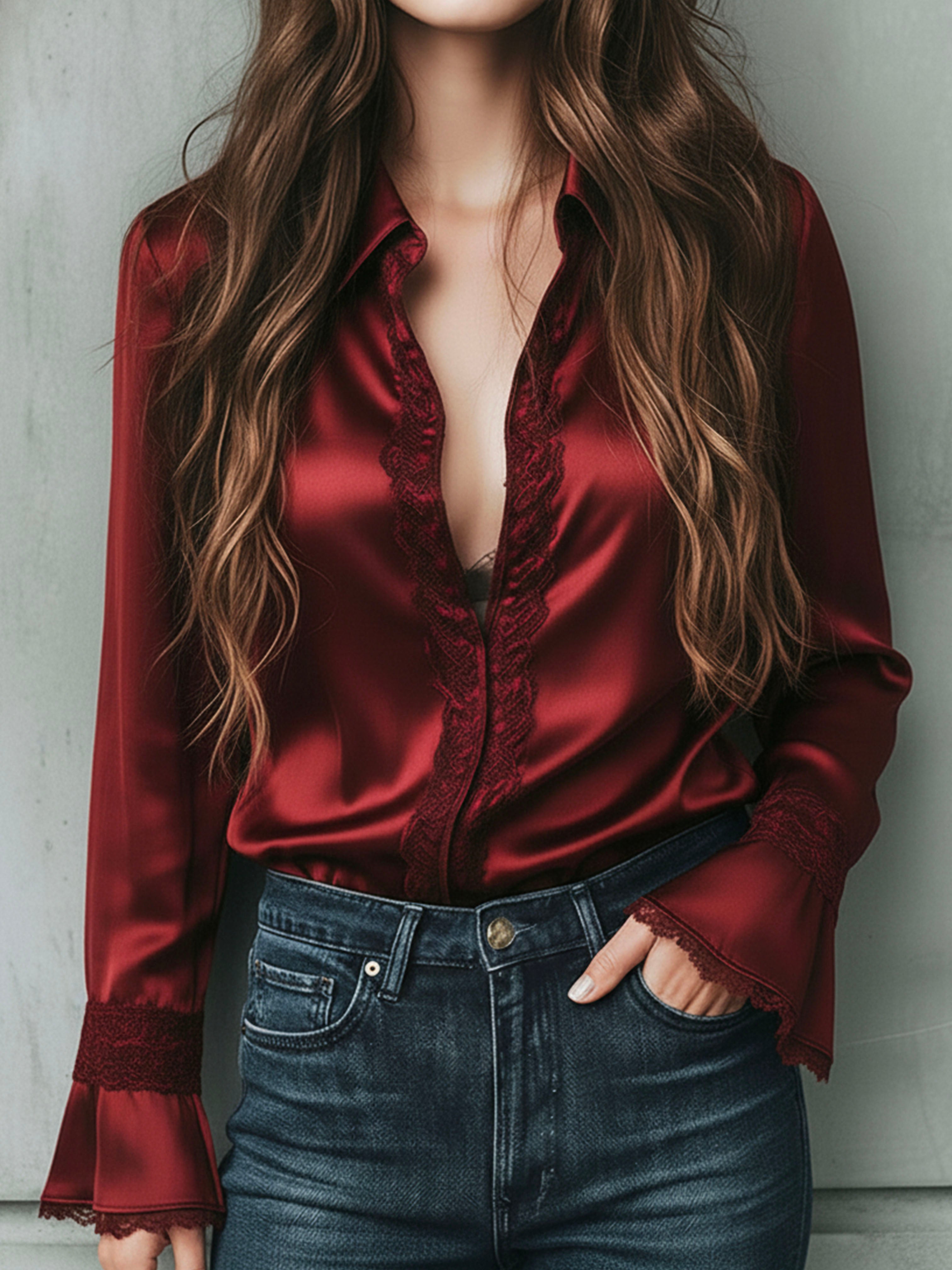 Elegant Burgundy Lace Trim Satin Blouse With Flared Cuffs