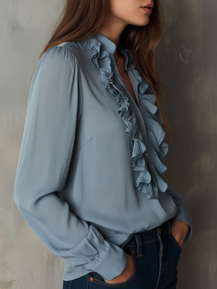 Dusty Blue Ruffle Front V-Neck Button Chiffon Blouse