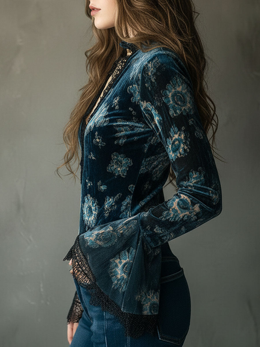 Retro Blue Floral  Velvet Lace Blouse With Bell Sleeves