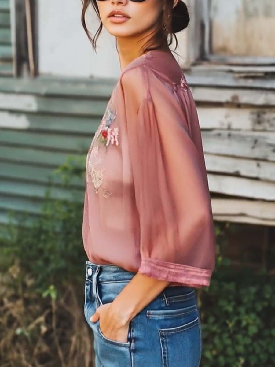 (sale)Elegant Gray Purple Floral Embroidery Half Sleeve Chiffon Shirt