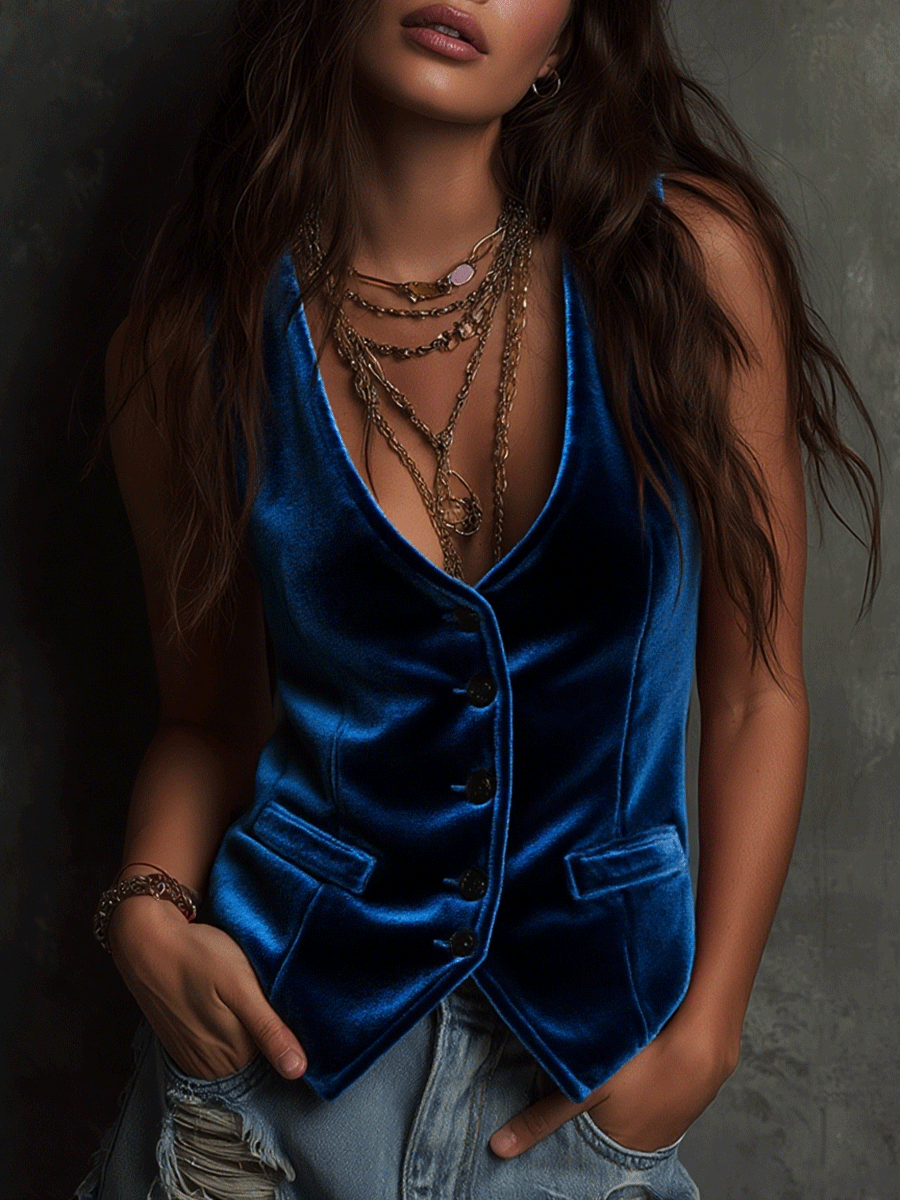 Retro Bohemian Bright Pink Velvet Vest