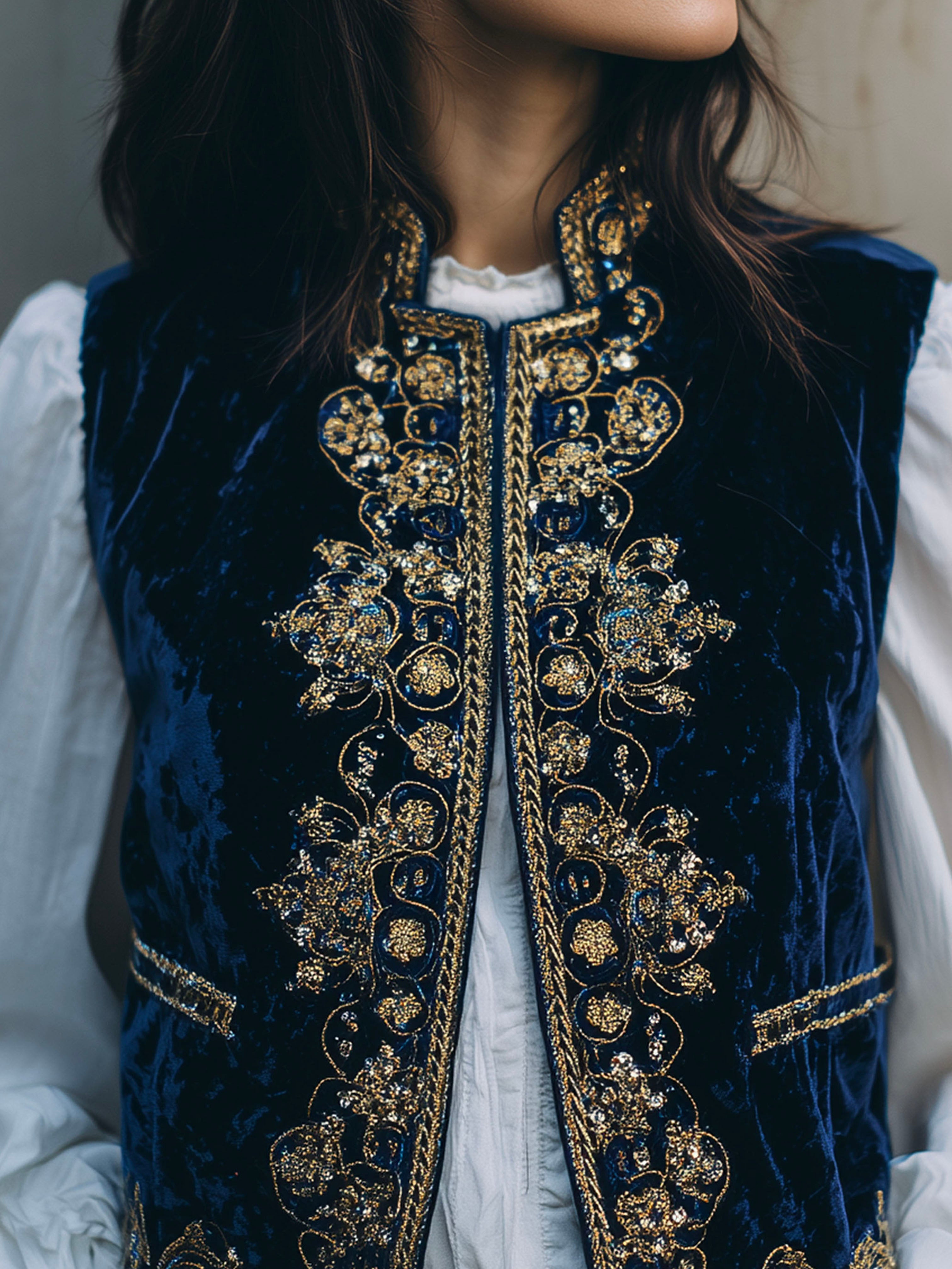 Vintage Navy Velvet Gold Baroque Embroidered Vest