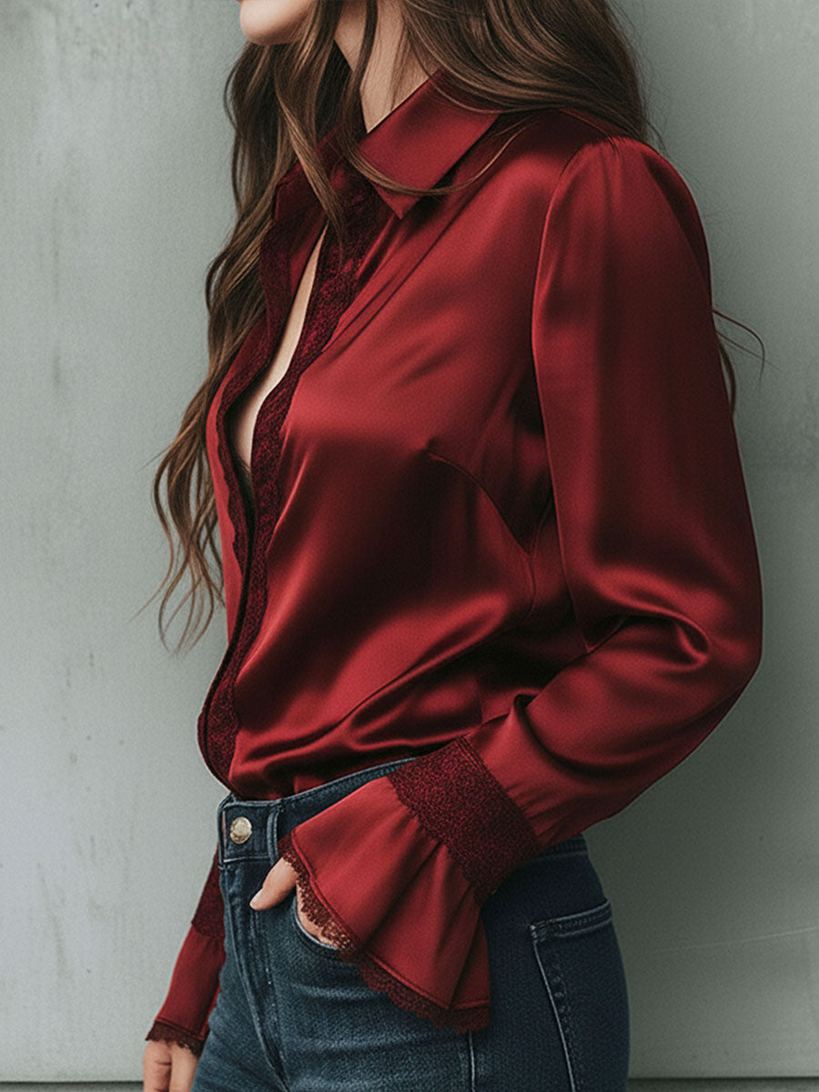 Elegant Burgundy Lace Trim Satin Blouse With Flared Cuffs