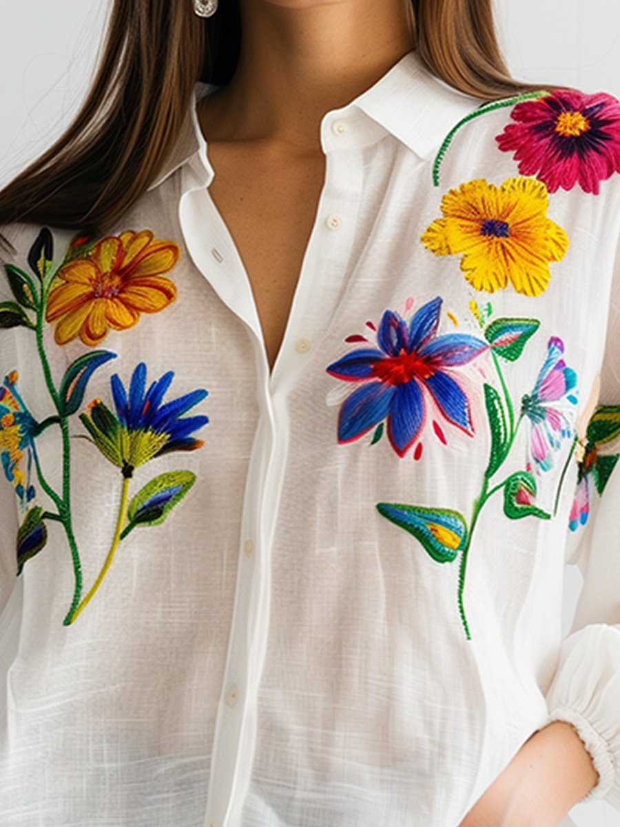 (sale)White Embroidered Cotton and Linen Long Sleeve Blouse