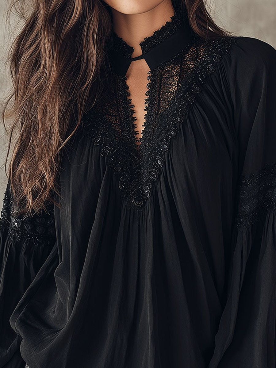 Black Lace Blouse – Vintage Boho Long-Sleeve Top With V-Neck And Puff Sleeves