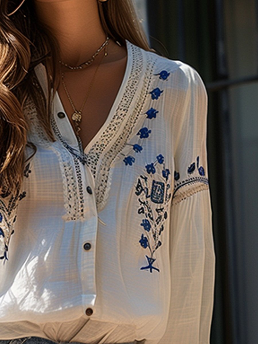 (clearance)V-neck Cotton and Linen Embroidery Stitching Hollow Top