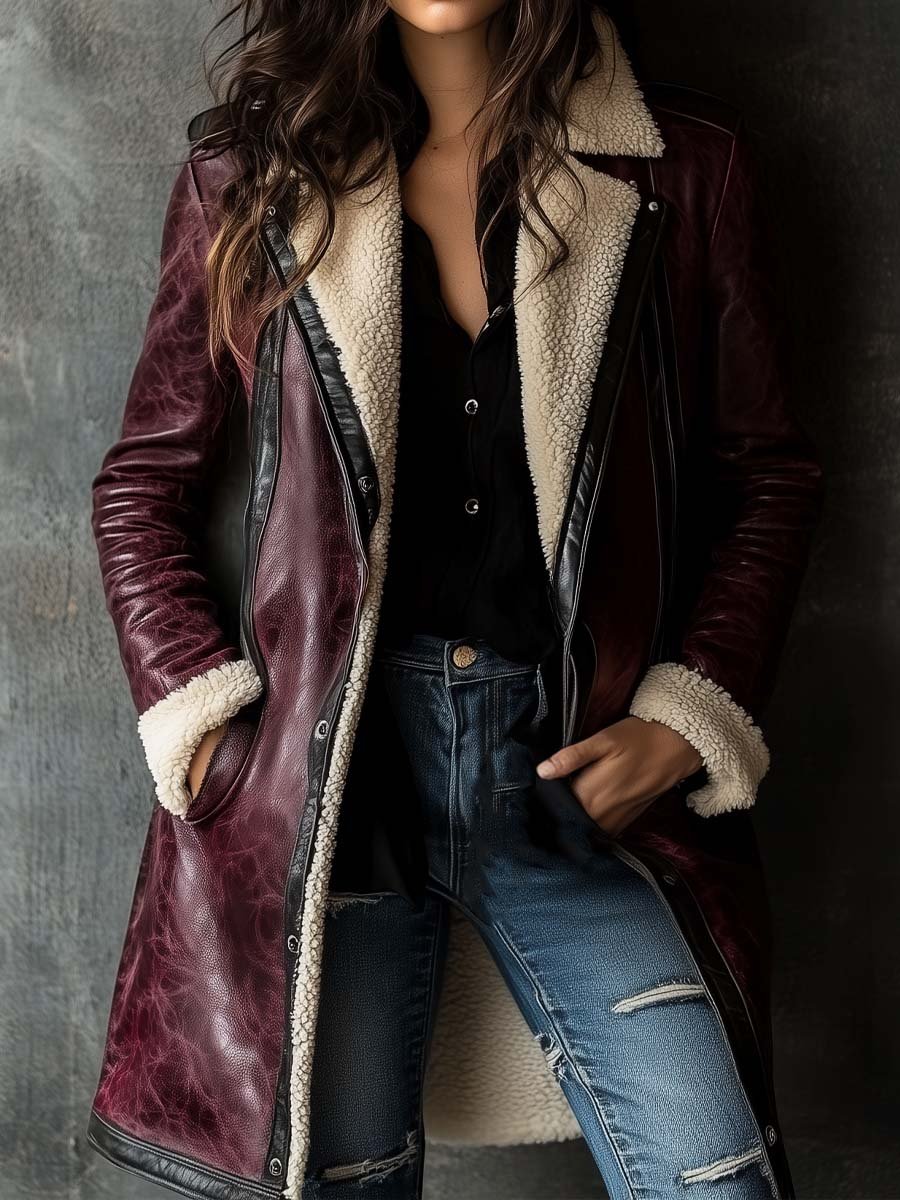 Women's Vintage Burgundy Lambskin Faux Leather Coat