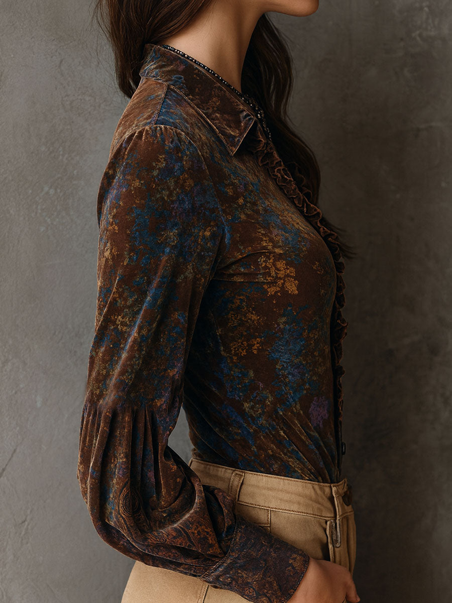 Chic Boho Floral Print Velvet Blouse With Ruffle Trim