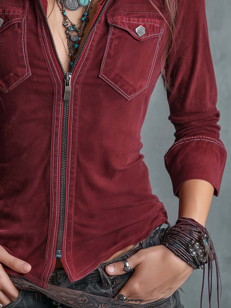 Vintage Zip-up Collar Flap Pocket Distressed Denim Shirt