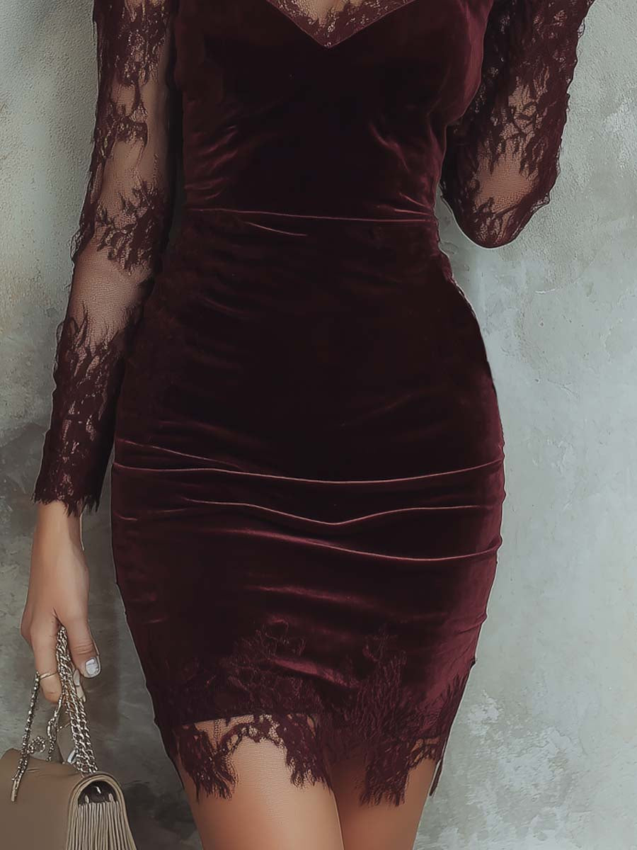 Vintage Lace Trim Polyester Velvet Mini Dress