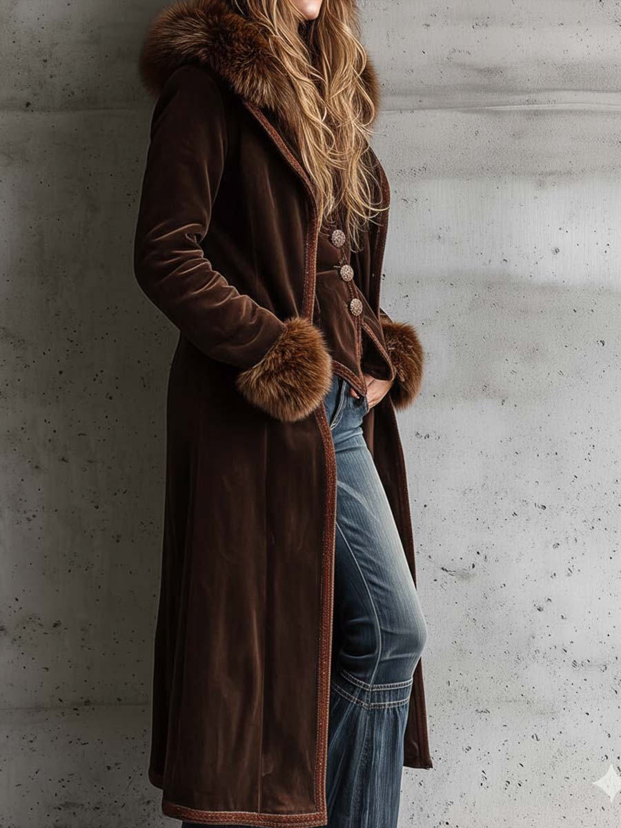 Brown Microfiber Suede Maxi Coat With Metal Buttons And Faux Fur Frim