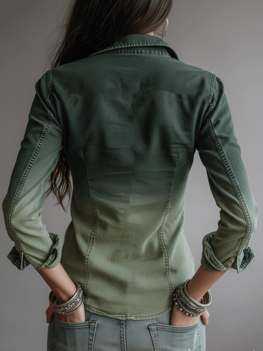Casual Green Gradient Workwear Pocket Denim Zip-Up Blouse