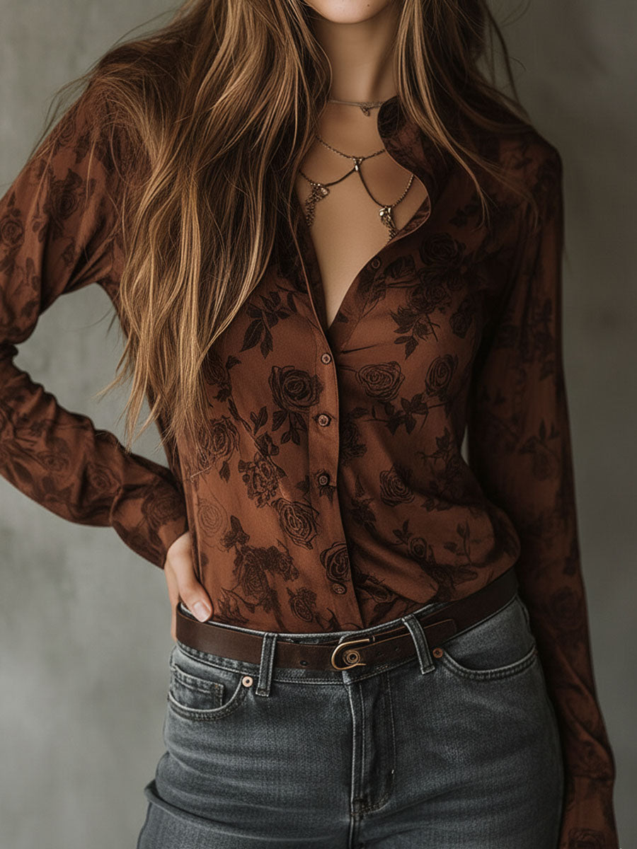 Vintage Rose Pattern Brown Button-Down Shirt