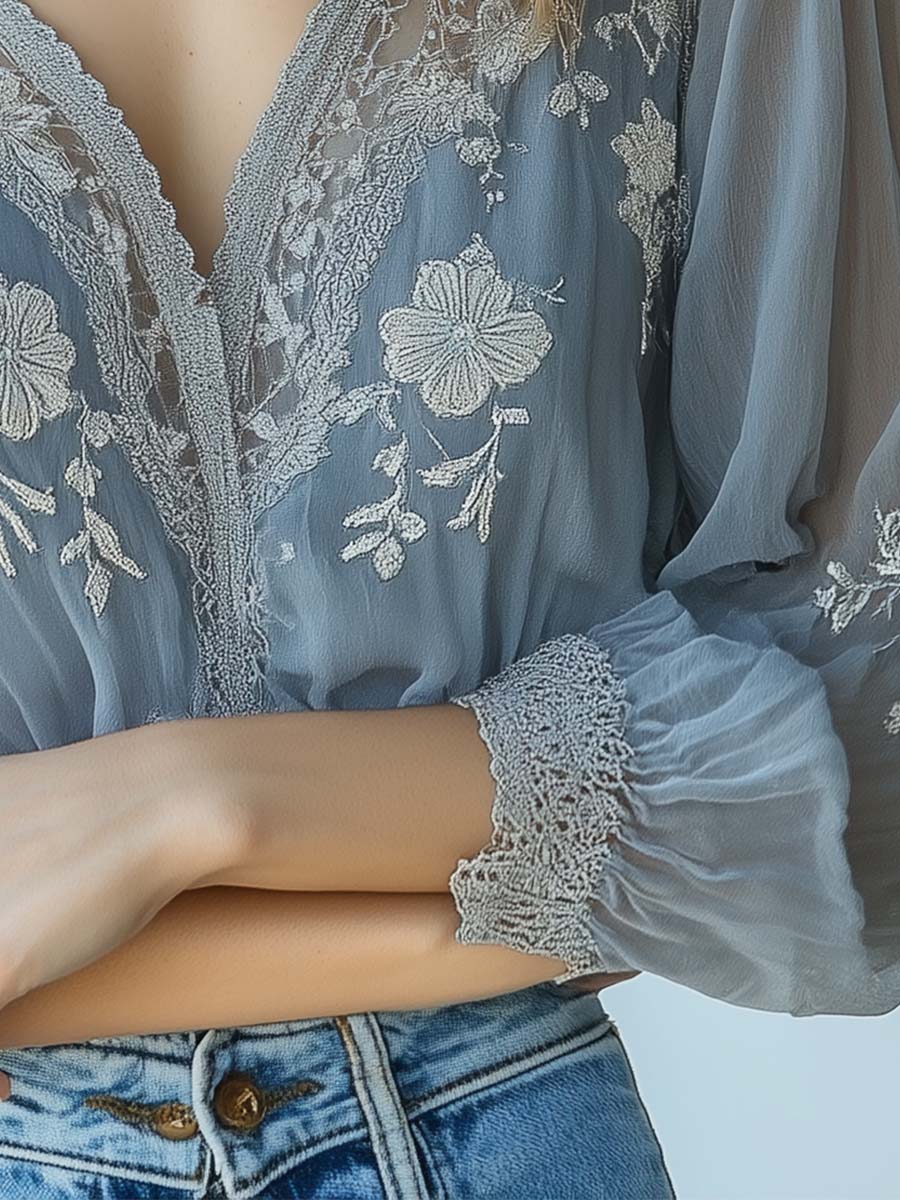 (ship in 24 hours )Bohemian Sheer Embroidered Lace Blouse