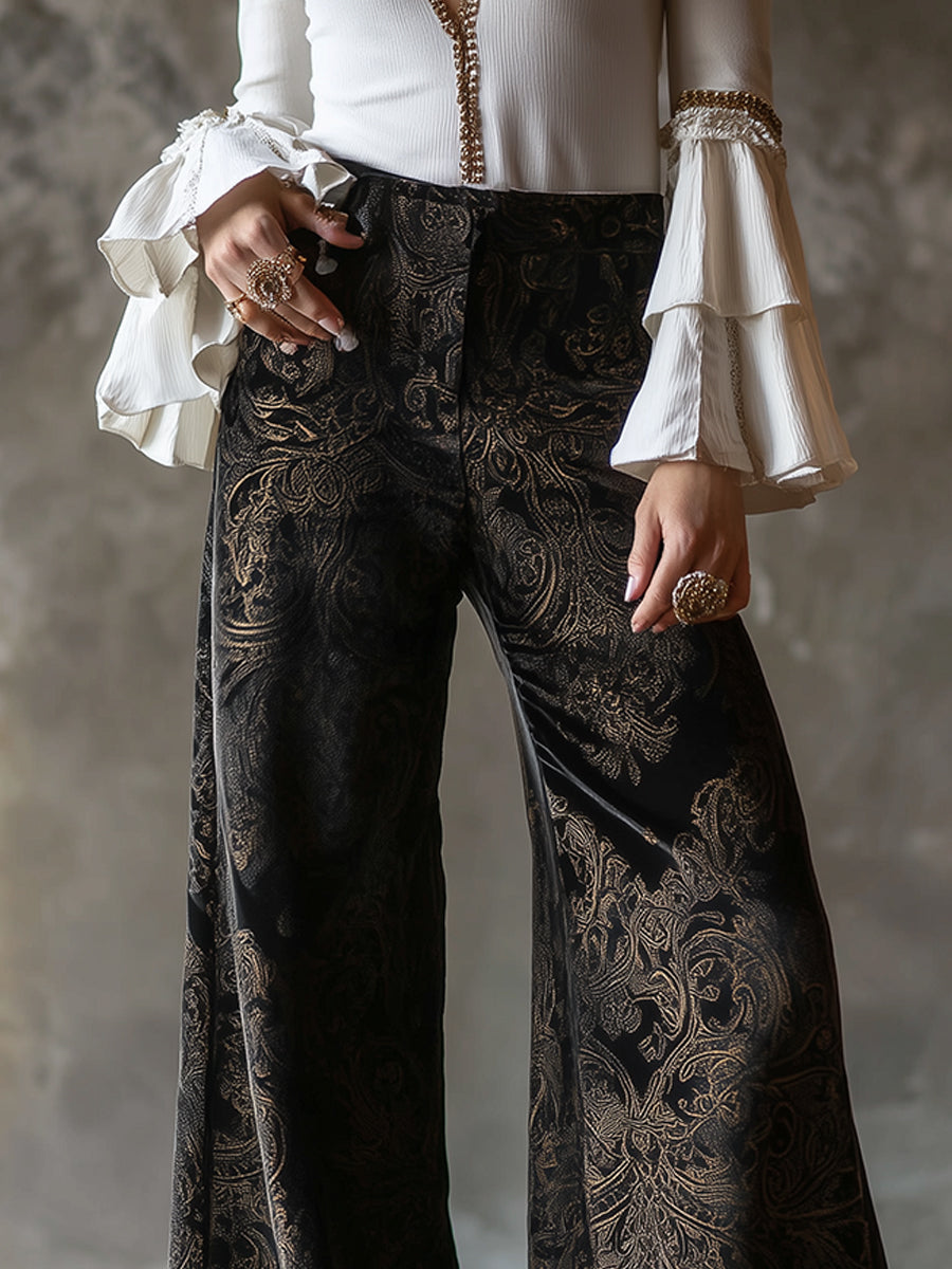 Vintage High-waisted Velveteen Paisley Print Wide-leg Pants