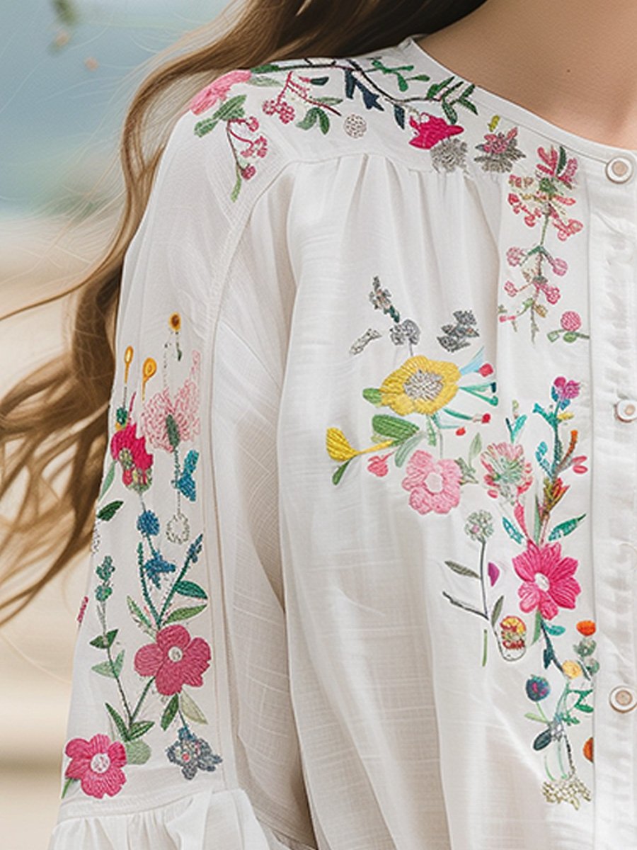 (sale)Cotton and Linen Floral Embroidery Long Sleeve Shirt