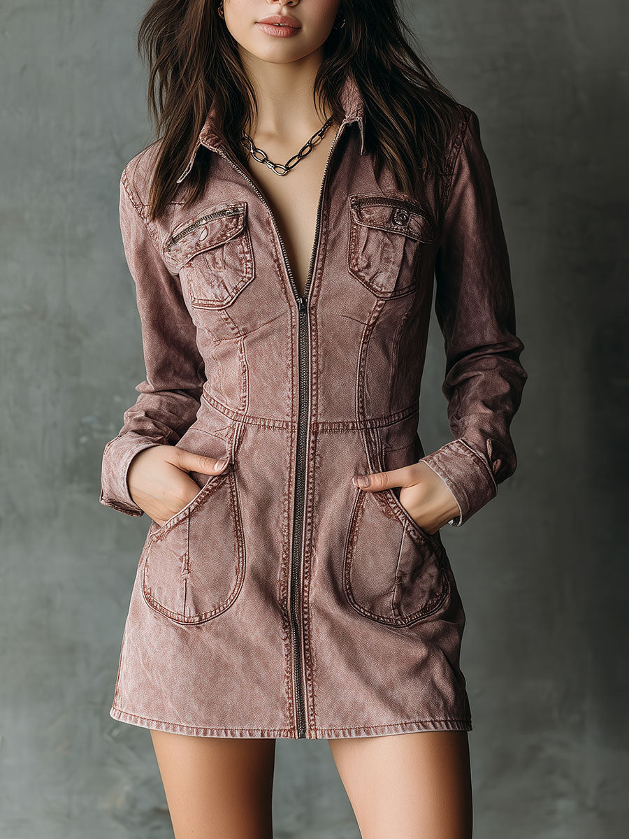 Utility Dusty Mauve Washed Denim Zip-Up Mini Dress