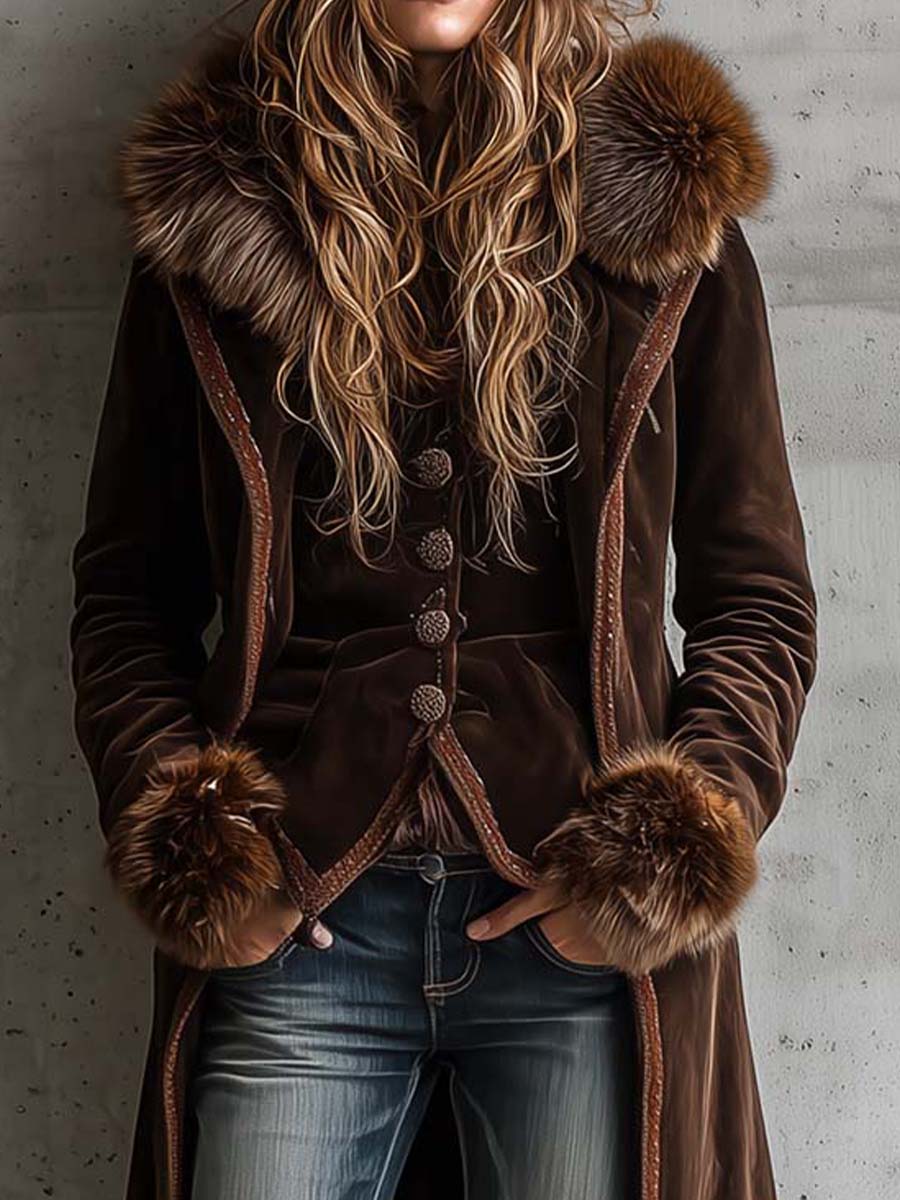 Brown Microfiber Suede Maxi Coat With Metal Buttons And Faux Fur Frim