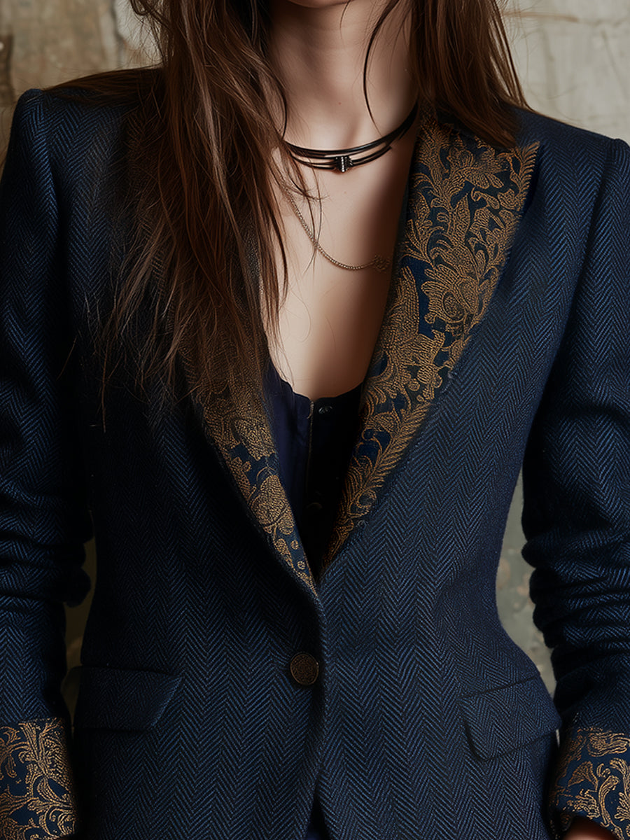 Classic Wool Herringbone Baroque Lapel Blazer