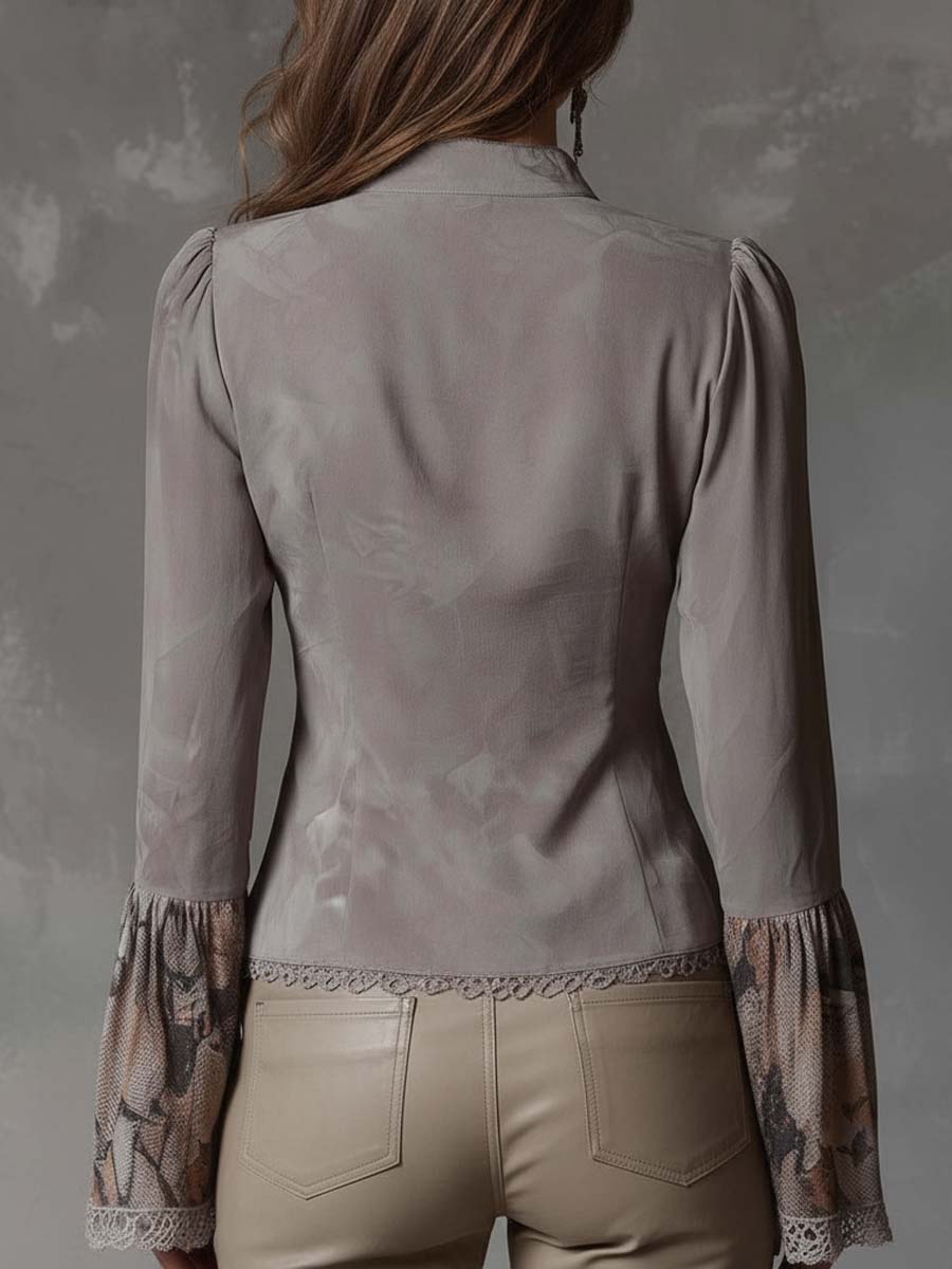 Vintage Patchwork Eco-Suede Blouse With Lace And Floral Prints