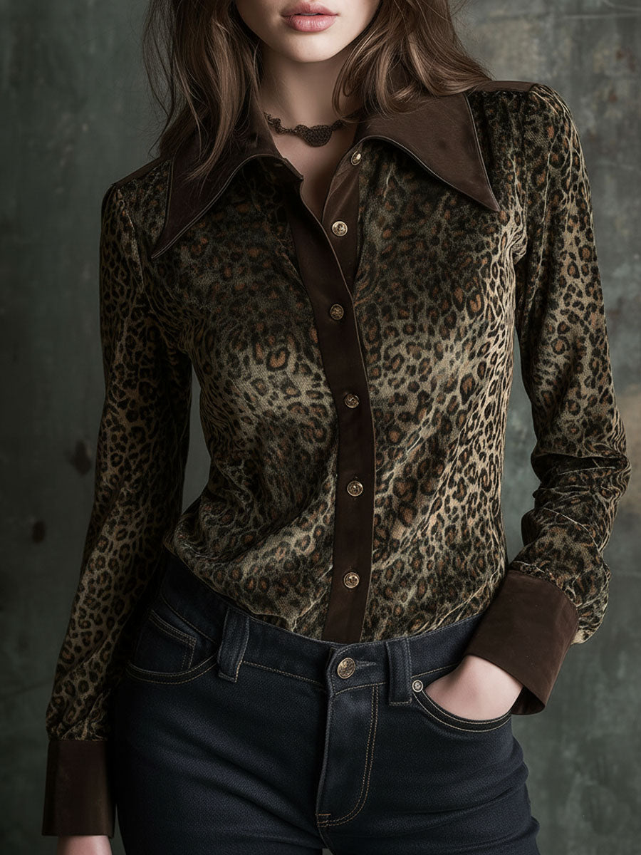 Retro Contrast Collar And Cuffs Velvet Leopard Print Blouse