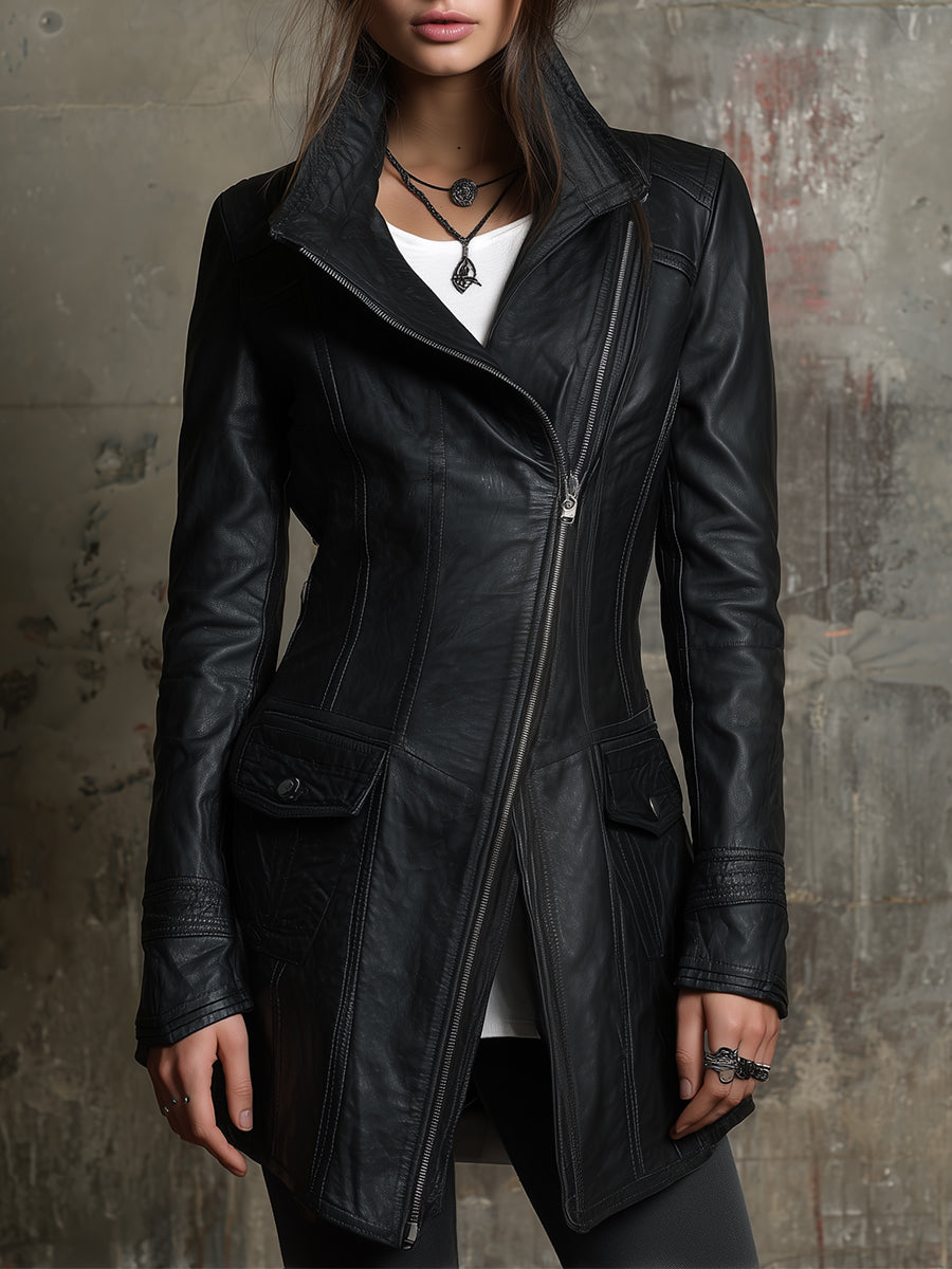 Retro Environmentally Friendly PU Diagonal Placket Mid-length Jacket