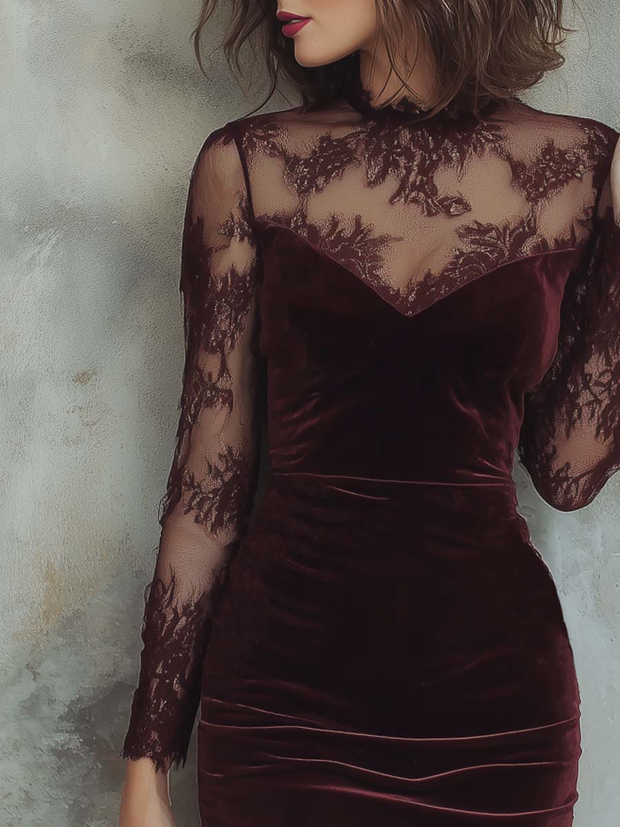 Vintage Lace Trim Polyester Velvet Mini Dress