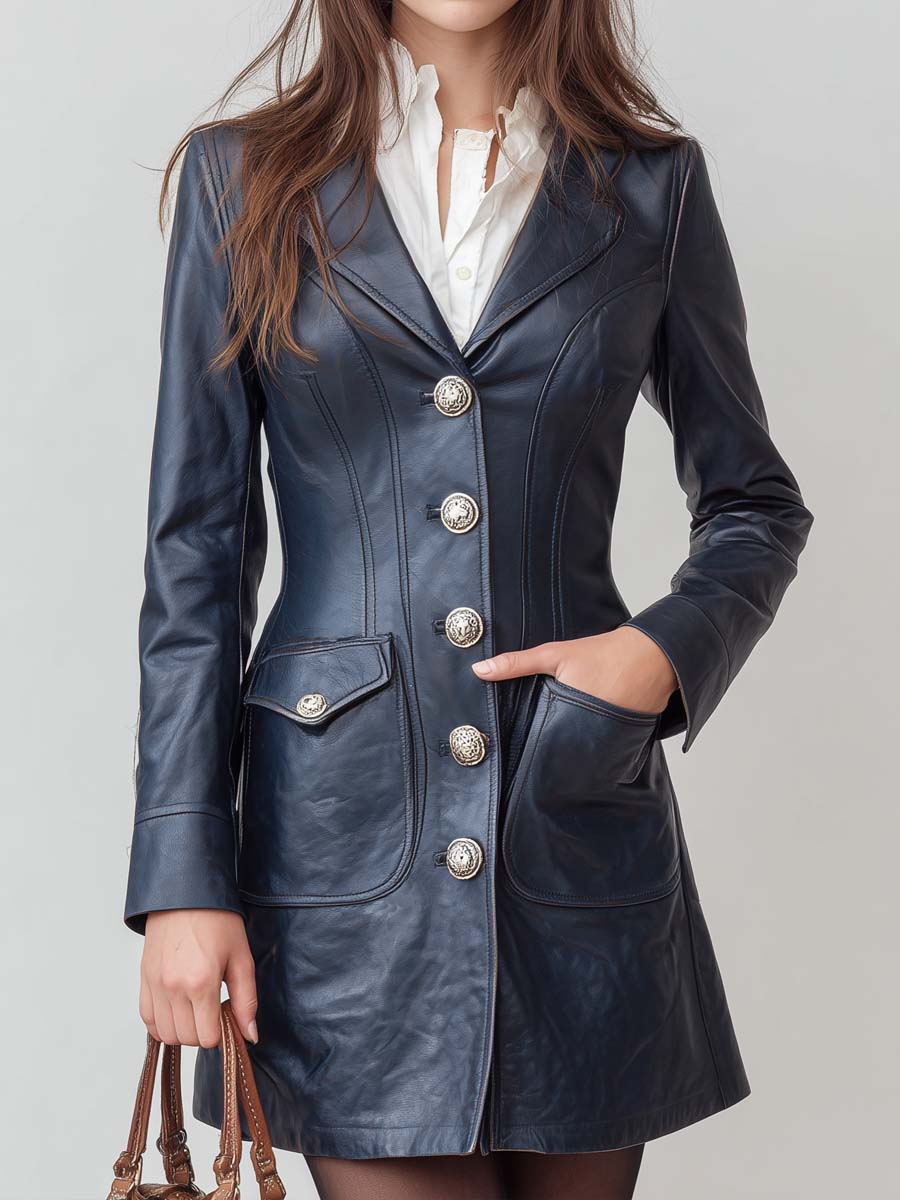 Vintage-style Lapel Button Flap Pocket Faux Leather Mini Dress