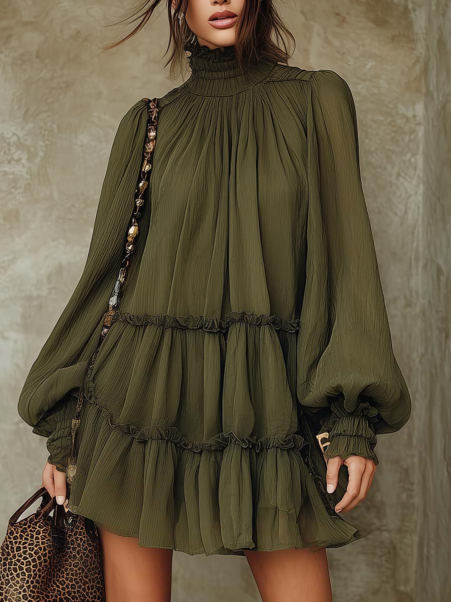 Retro High-neck Ruffled Hem Chiffon Mini Dress