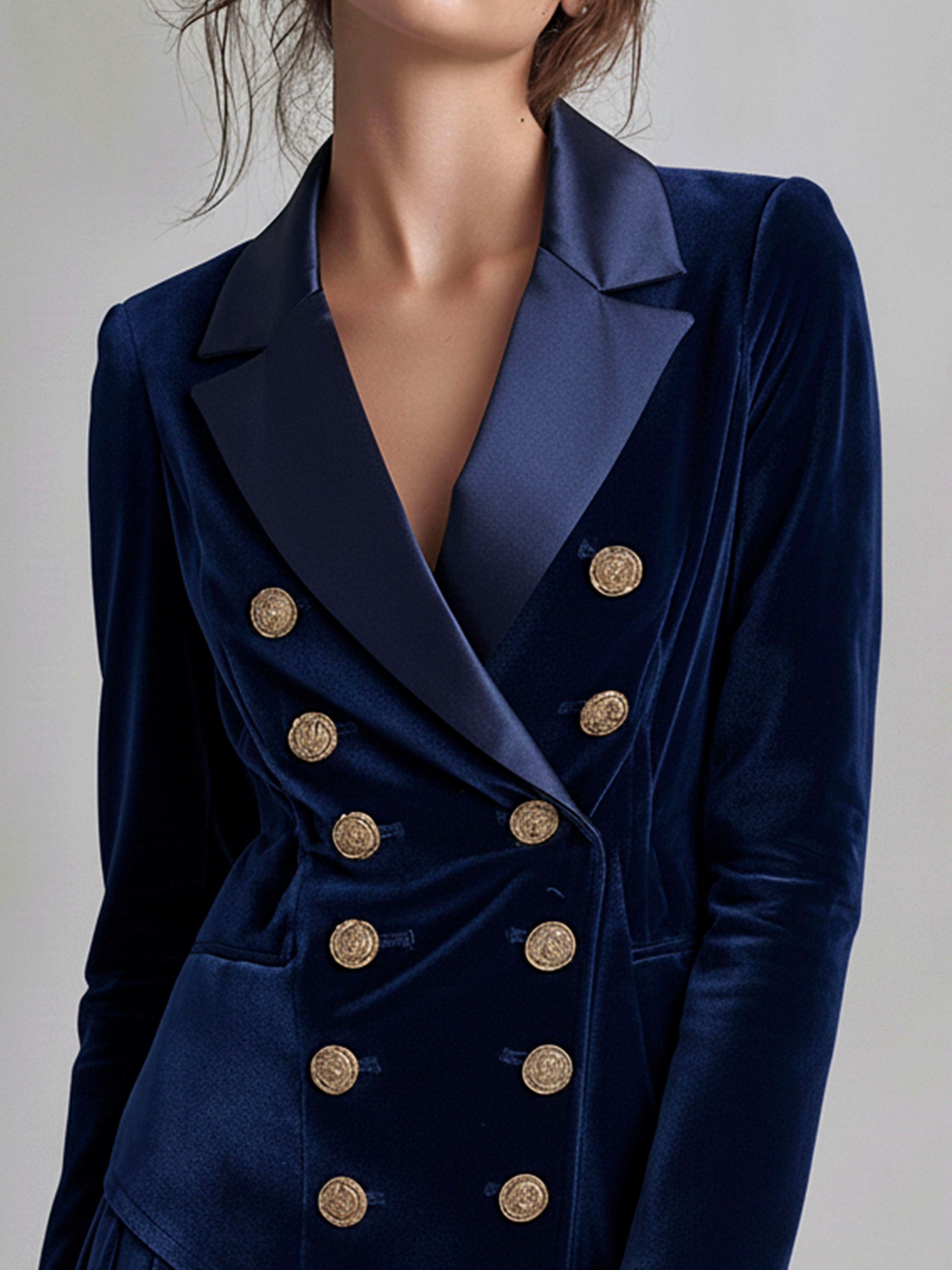 Chic Navy Double-Breasted Military Navy Velvet Blazer Dress