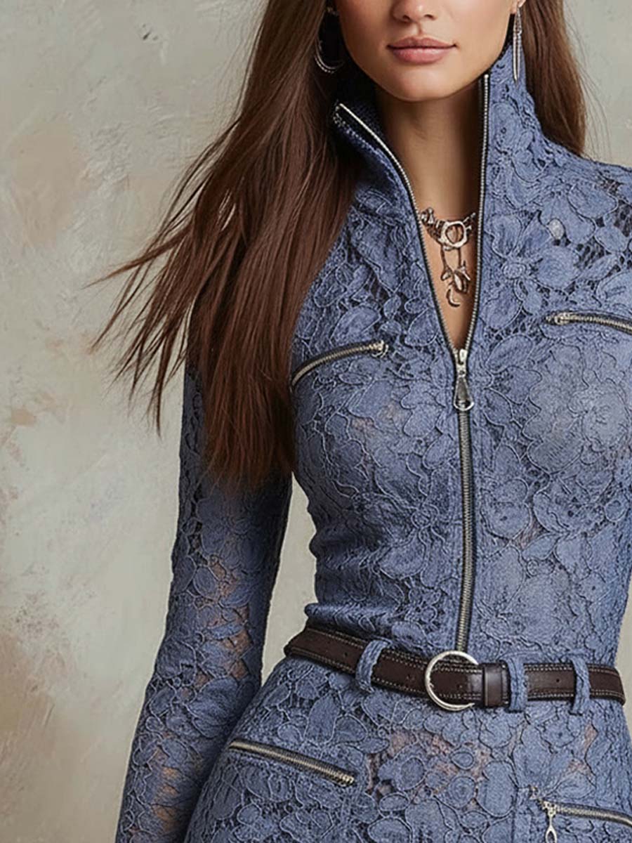 Vintage Zipper Floral Lace Mini Dress
