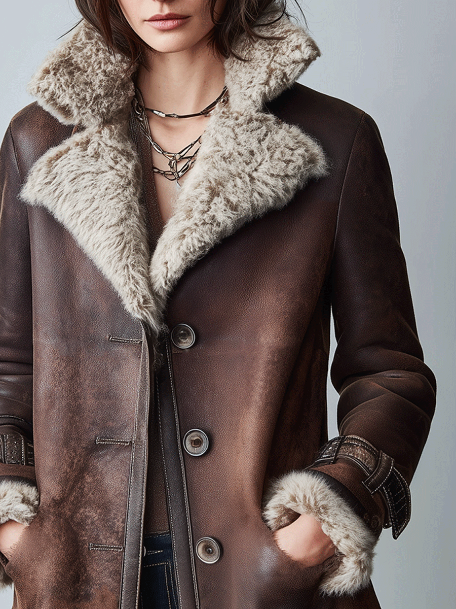 Retro Classic Warm Brown Faux Sheepskin Coat