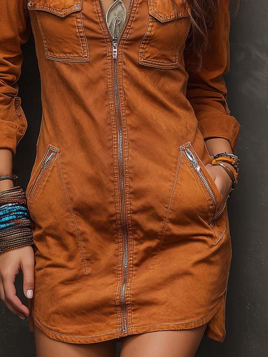 Vintage Distressed Zipper Flap Pocket Denim Mini Dress