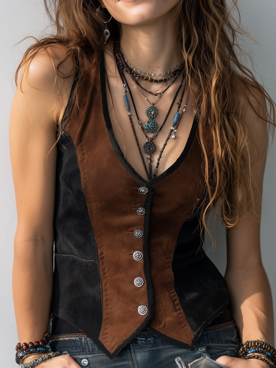 Vintage Contrast Trim Suede Vest