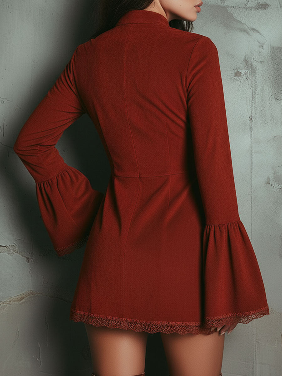 Retro Bell Sleeve Embroidered Rust Red Microsuede Lace Mini Dress