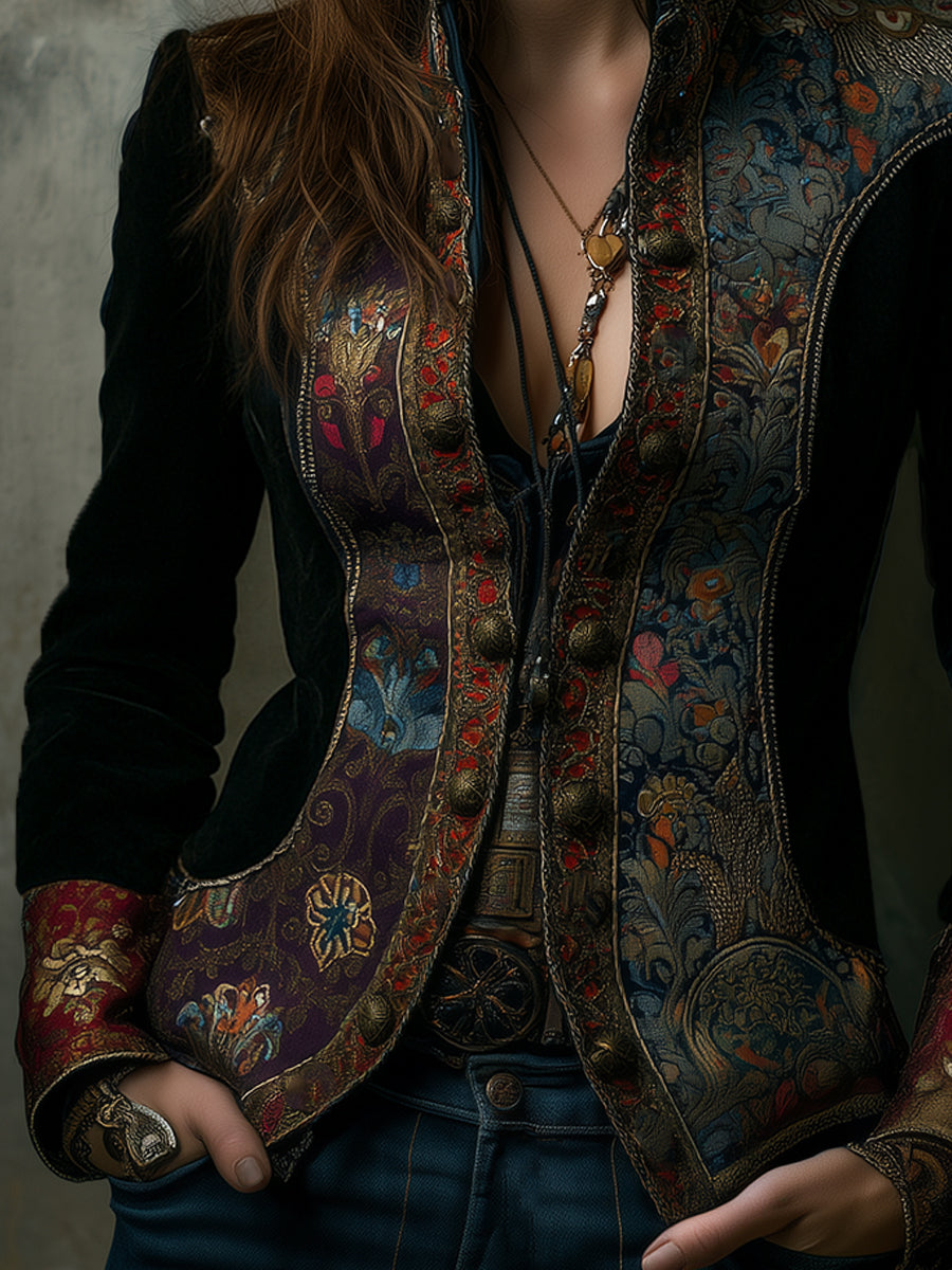 Quiet Luxury Velvet Stitching Stand Collar Slim Fit Blazer