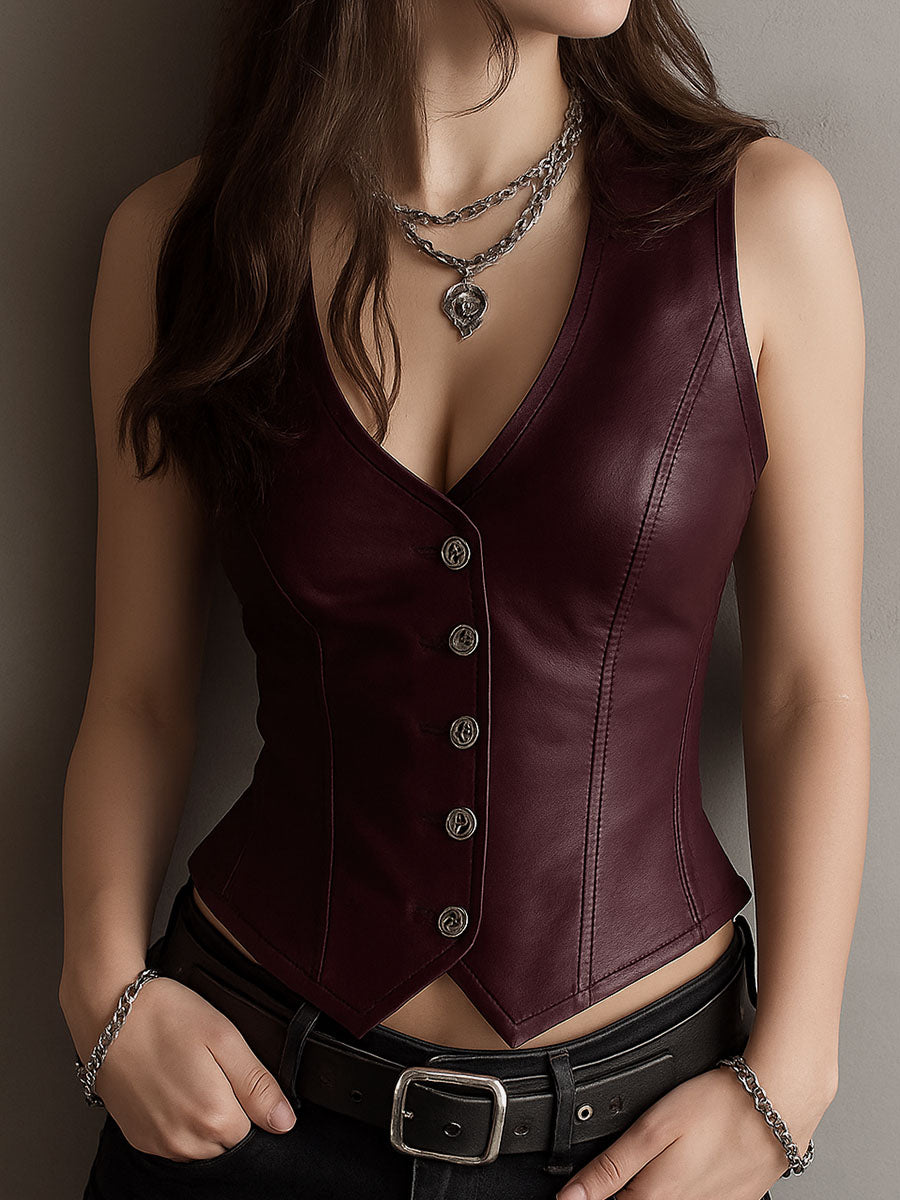 Sharp V-Neck Black Eco Leather Waist-cinched Waistcoat