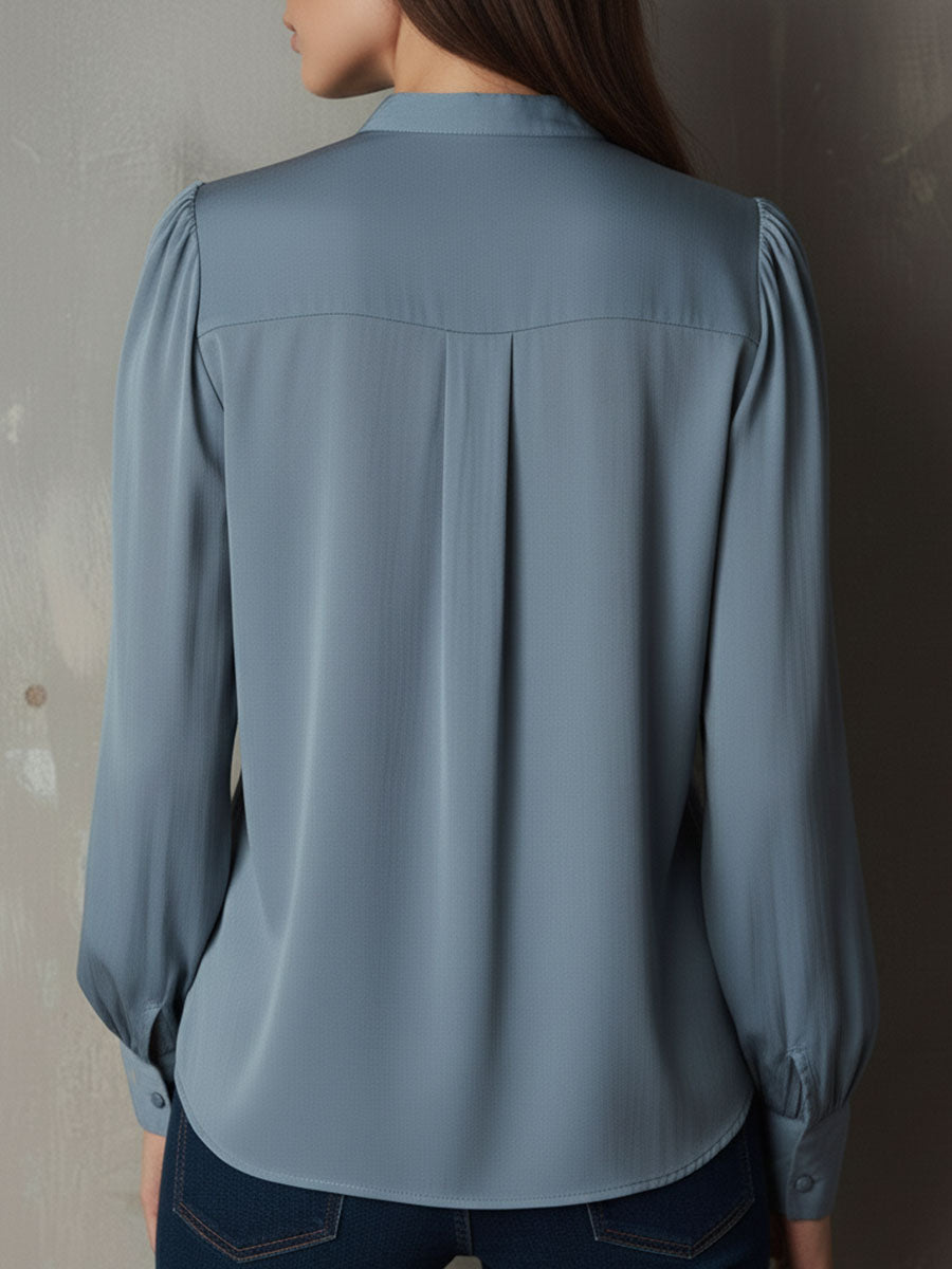 Dusty Blue Ruffle Front V-Neck Button Chiffon Blouse